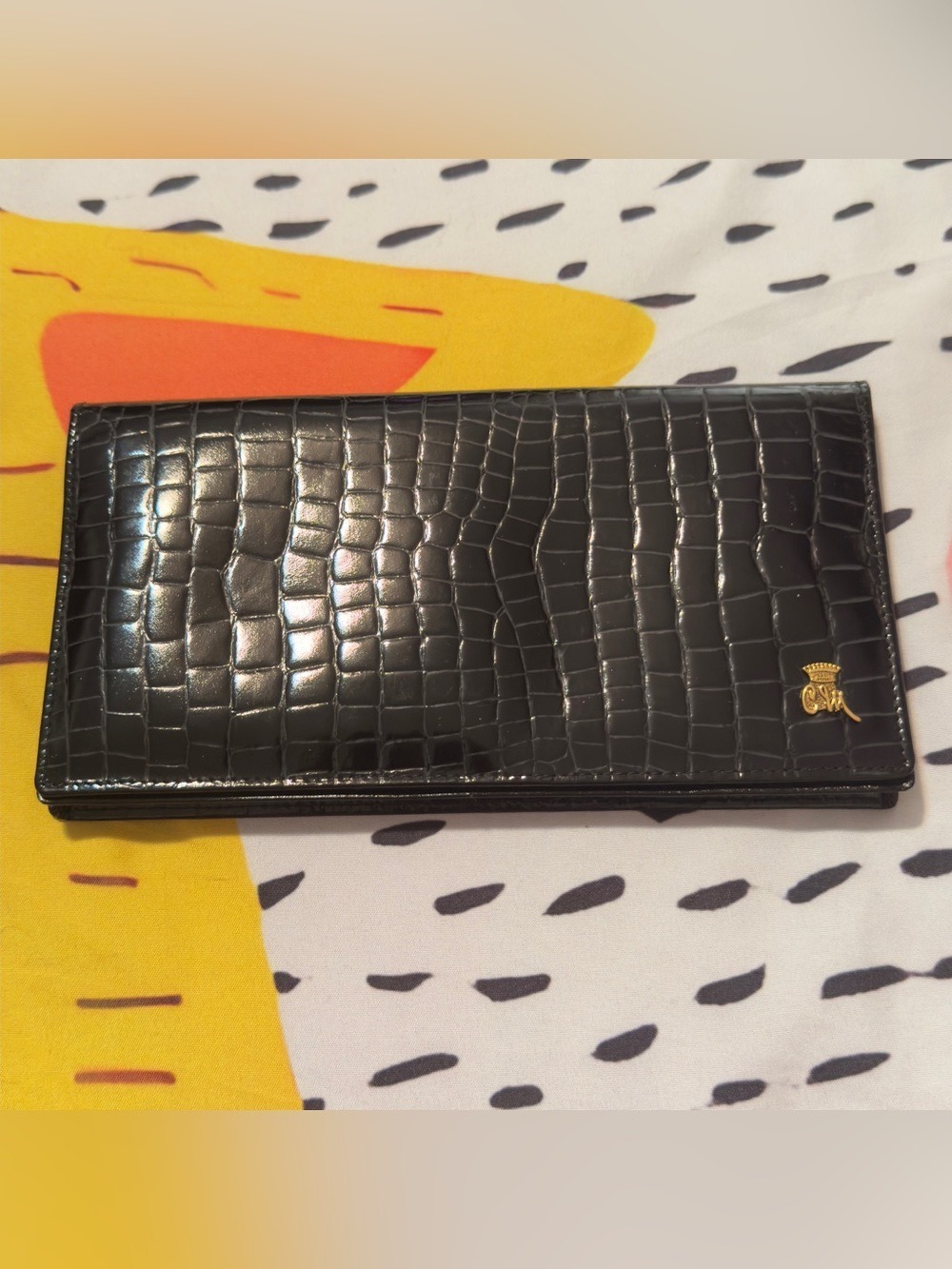 Exotic Vintage Countess Mara Unused Black Croc-Embossed Long Wallet